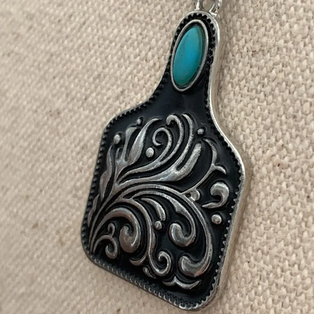 Men’s Western Cow Tag Pendant Necklace Silver Tone with Turquoise Accent